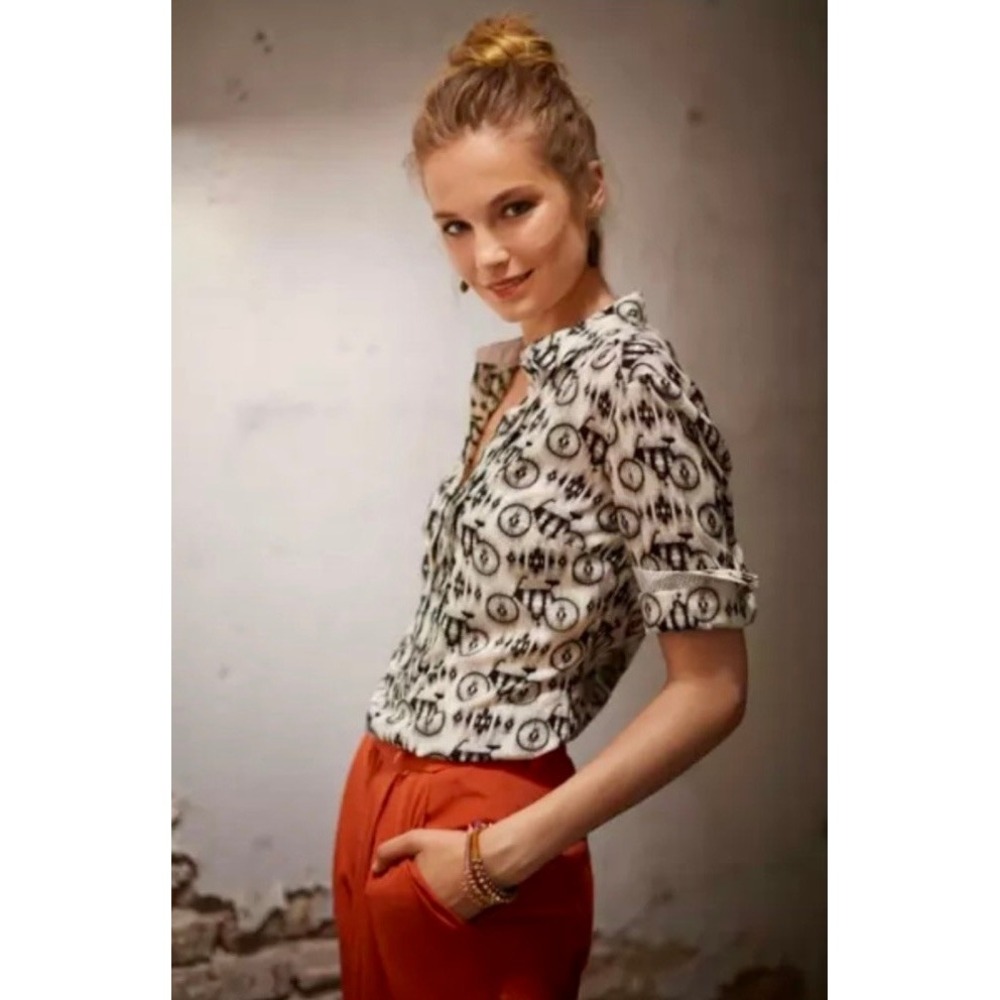 Anthropologie MAEVE Anni Popover Top Blouse Bicycle Print Buttons Pleated Size 4